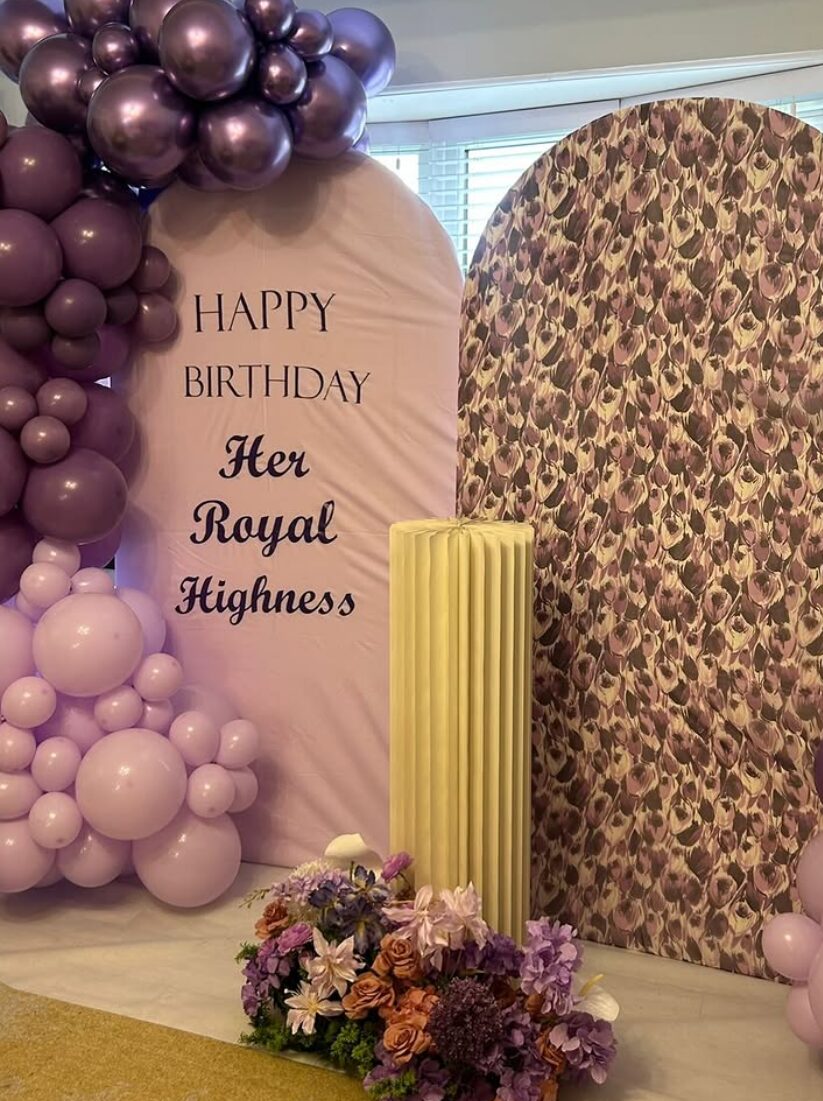 Purple and chrome balloon garland framing a personalised birthday backdrop